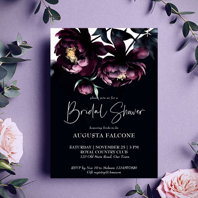 Dark moody noir elegant bridal shower template (Dark moody noir elegant bridal shower editable template invitation digital download burgundy peonies)