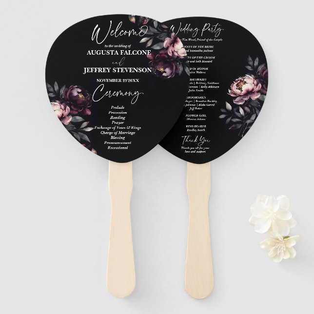 Dark moody noir elegant wedding program hand fan (Front and Back)