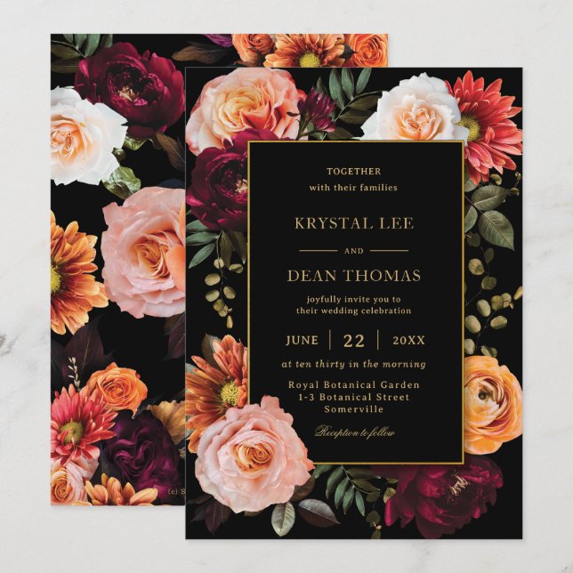 Dark Moody Orange Burgundy Blush Floral Wedding Invitation (Front/Back)