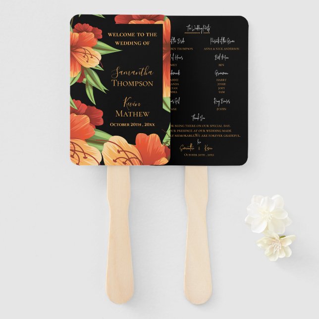 Dark Moody Orange Floral Wedding Program  Hand Fan (Front and Back)