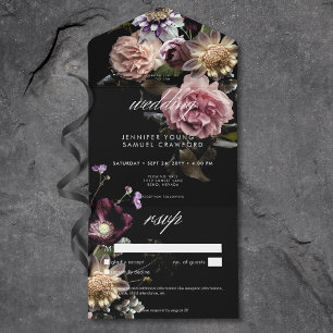 Dark Moody Pastel Opulent Floral Black Dinner All In One Invitation