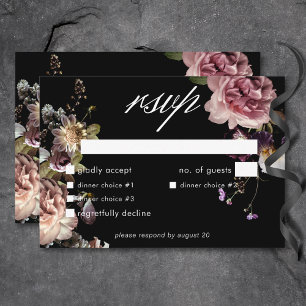 Dark Moody Pastel Opulent Floral Black Dinner RSVP Card