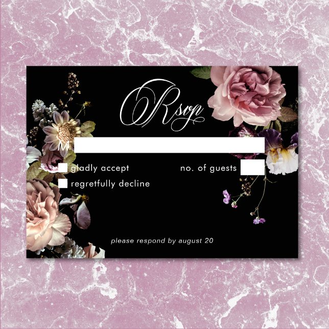 Dark Moody Pastel Opulent Floral Black No Dinner RSVP Card (Dark Moody Pastel Opulent Floral Black QR Code RSVP Card)