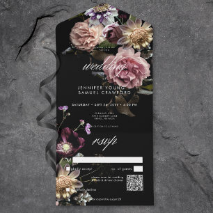 Dark Moody Pastel Opulent Floral Black QR Code All In One Invitation