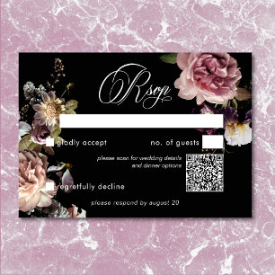 Dark Moody Pastel Opulent Floral Black QR Code RSVP Card