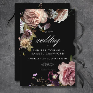 Dark Moody Pastel Opulent Floral Black Wedding Invitation