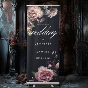 Dark Moody Pastel Opulent Floral Black Wedding Retractable Banner