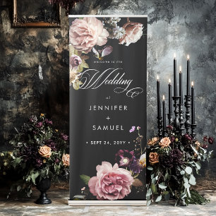 Dark Moody Pastel Opulent Floral Black Wedding Retractable Banner