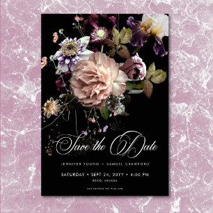 Dark Moody Pastel Opulent Floral Black Wedding Save The Date