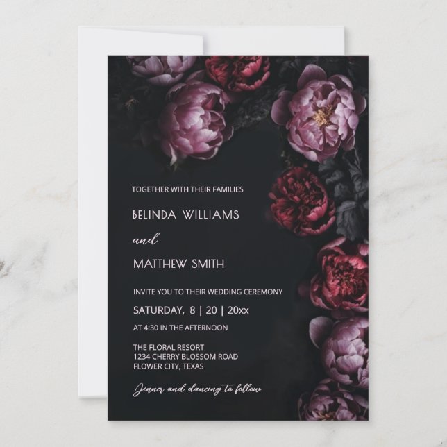 Dark Moody Peony Flowers Wedding Invitation (Front)