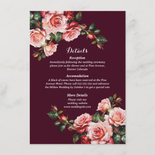 Dark moody pink and red roses burgundy wedding enclosure card