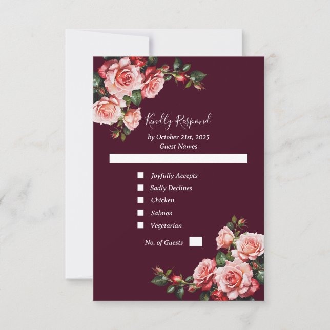 Dark moody pink and red roses burgundy wedding RSVP card (Front)