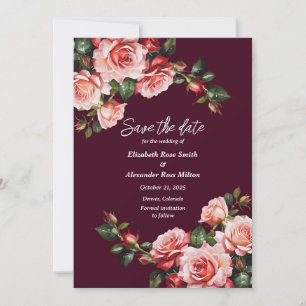 Dark moody pink and red roses burgundy  wedding save the date