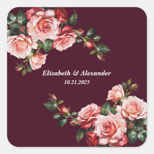 Dark moody pink and red roses burgundy  wedding square sticker
