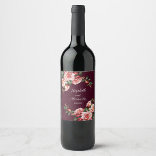 Dark moody pink and red roses burgundy wedding wine label