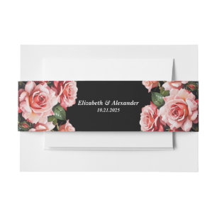 Dark moody pink and red roses floral wedding invitation belly band