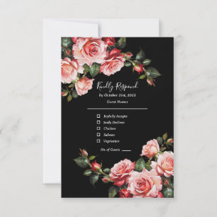 Dark moody pink and red roses floral wedding RSVP card
