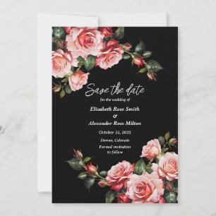 Dark moody pink and red roses floral wedding save the date