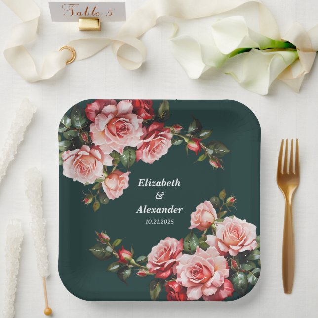Dark moody pink and red roses green wedding paper plate (Wedding)