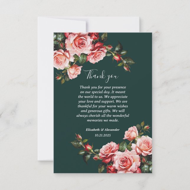 Dark moody pink and red roses green wedding thank you card (Front)