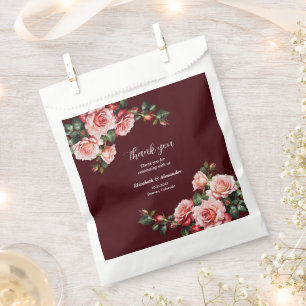 Dark moody pink and red roses maroon wedding favour bags