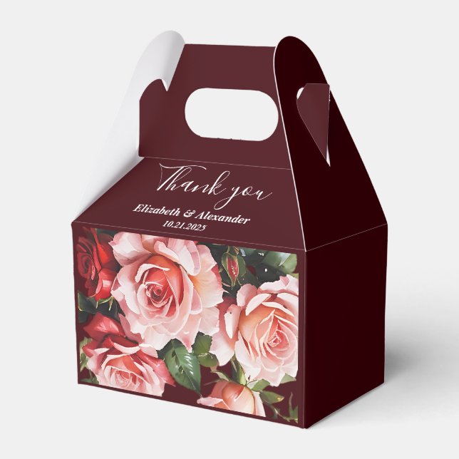 Dark moody pink and red roses maroon wedding  favour box (Front Side)