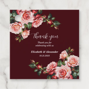 Dark moody pink and red roses maroon wedding favour tags