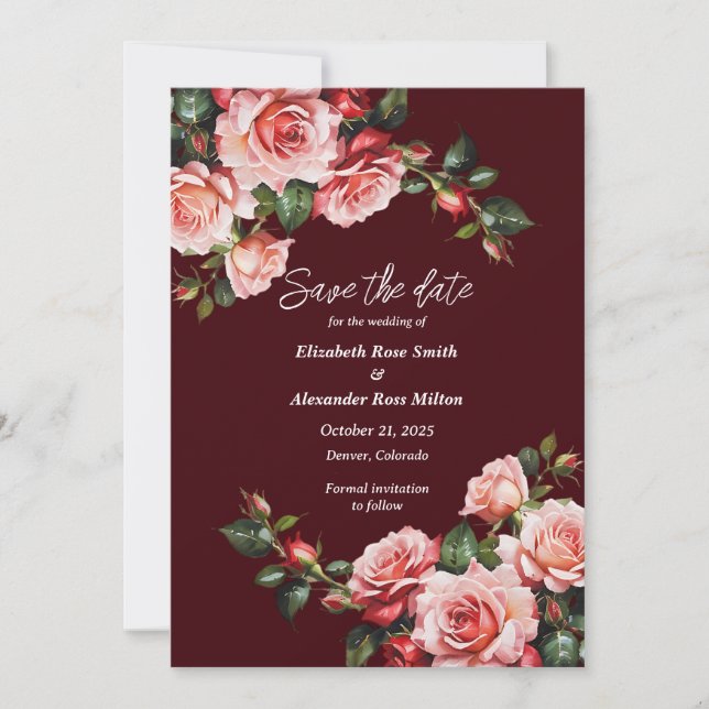 Dark moody pink and red roses maroon wedding save the date (Front)