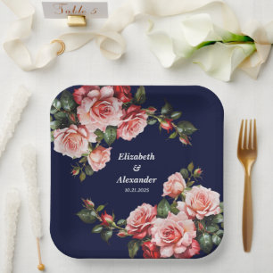 Dark moody pink and red roses navy blue wedding paper plate