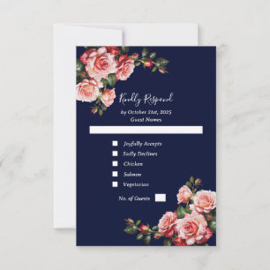 Dark moody pink and red roses navy blue wedding RSVP card