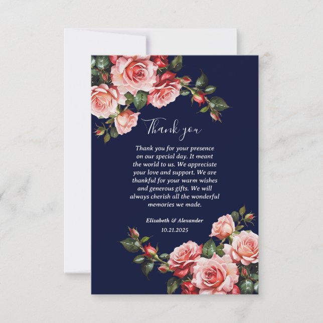 Dark moody pink and red roses navy blue wedding thank you card (Front)