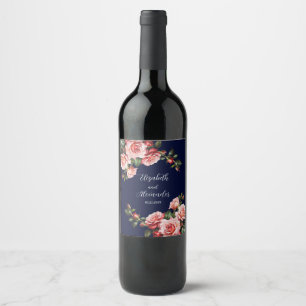 Dark moody pink and red roses navy blue  wedding  wine label