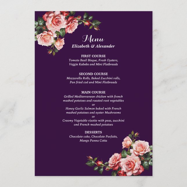 Dark moody pink and red roses purple wedding menu (Front)