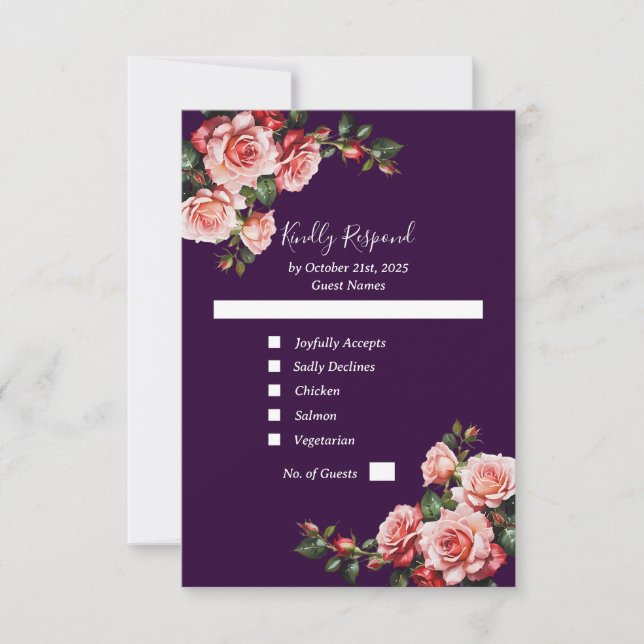 Dark moody pink and red roses purple wedding RSVP card (Front)