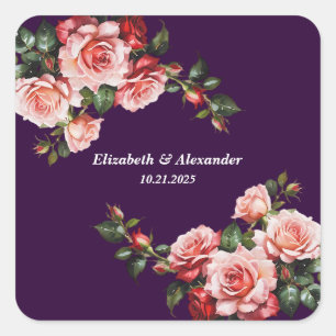 Dark moody pink and red roses purple wedding square sticker