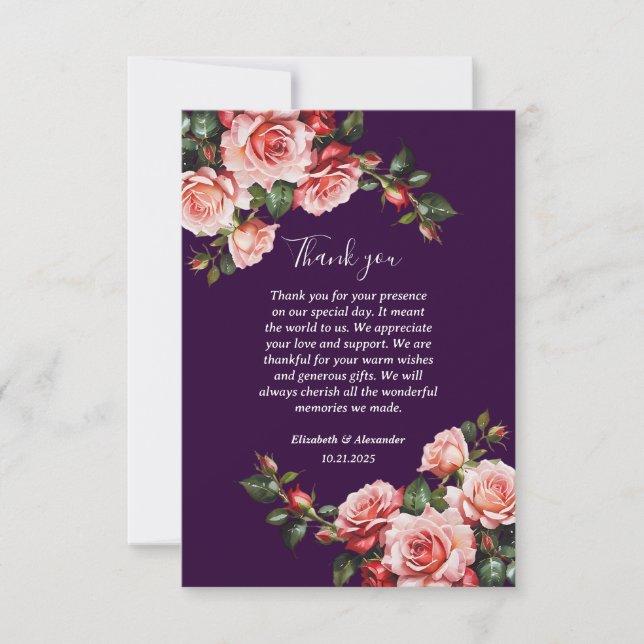 Dark moody pink and red roses purple wedding thank you card (Front)