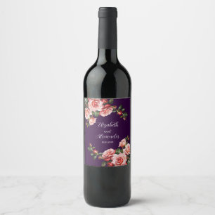 Dark moody pink and red roses purple wedding wine label