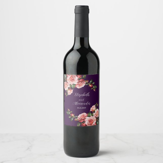Dark moody pink and red roses purple wedding  wine label (Front)