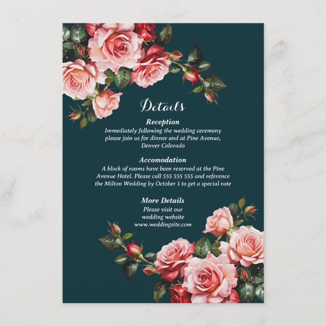 Dark moody pink and red roses teal wedding enclosure card (Front)