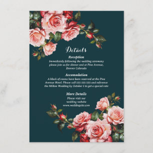 Dark moody pink and red roses teal wedding enclosure card