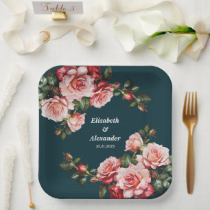 Dark moody pink and red roses teal wedding paper plate