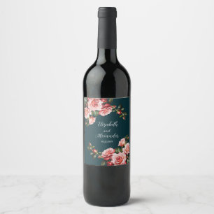 Dark moody pink and red roses teal wedding wine label