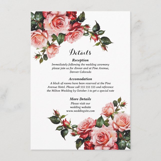Dark moody pink and red roses wedding enclosure card (Front)
