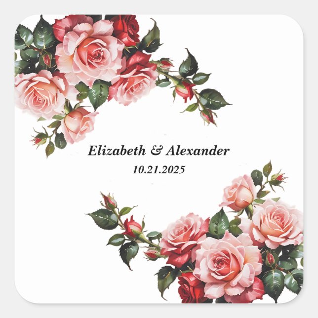 Dark moody pink and red roses wedding square sticker (Front)