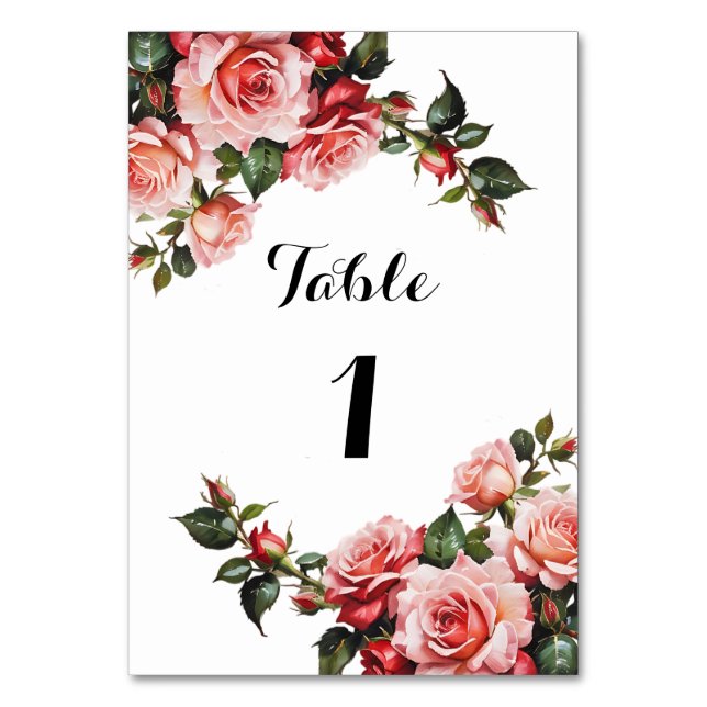 Dark moody pink and red roses wedding table number (Front)