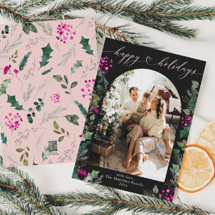 Dark Moody Pink Botanicals Arch Photo Holiday Card