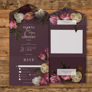 Dark Moody Pink Burgundy & Cream Peonies Dinner All In One Invitation