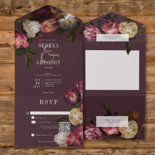Dark Moody Pink Burgundy & Cream Peonies QR Code All In One Invitation