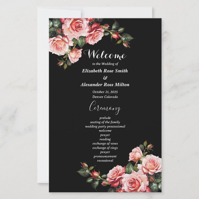 Dark moody pink red roses floral wedding program (Front)