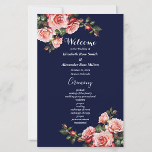Dark moody pink red roses navy wedding program